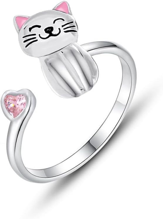 NewZenro Cute Cat Pink CZ Heart Love Statement Open Rings for Women Dainty Silver Plated Animal Adjustable Engagement Small Finger Ring Comfort Fit Fashion Jewelry for Her Bff Pet Lover
