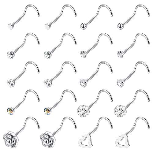 Fibo Steel 20G 12 Pcs Stainless Steel Nose Screw Stud Nose Rings For Men Women Body Piercing Jewelry Cz Inlaid Siliver-Tone #TOP2