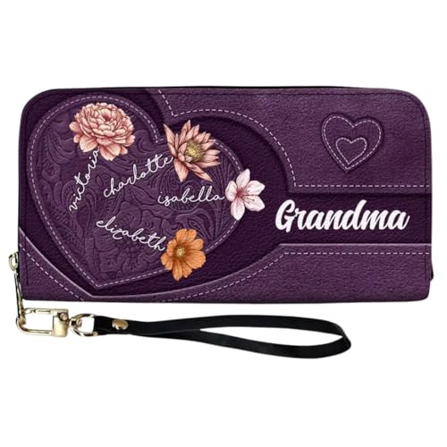 Grandma's Little Hearts Birth Month Flowers - Personalized Leather Long Wallet, Engraved Wallet with Grandkids Names, Personalized Leather Wallet for Grandma, Personalized Wallets for Women