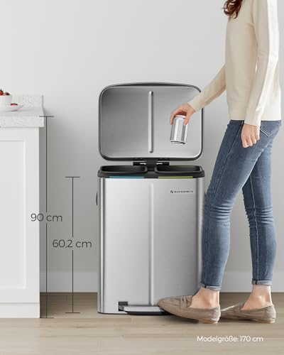 SONGMICS 40 L Mülleimer mit 2 Fächern, 2 x 20 L, Abfalleimer, Treteimer aus Metall, Inneneimer aus Kunststoff, mit Klappdeckel und Griffen, Softclose, luftdicht, silbern LTB40NL