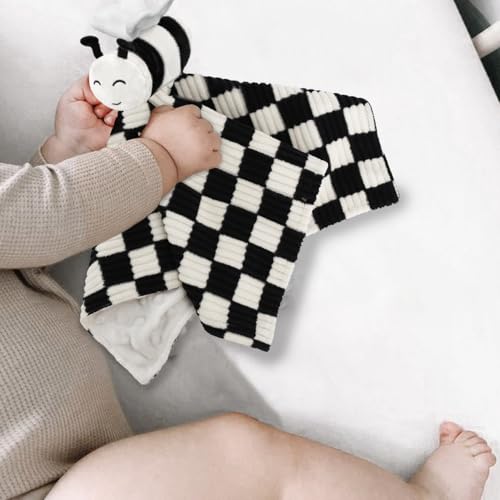 Image of High Contrast Bee Baby Security Blanket for Boys Girls 14 Inch | Super Soft 3D Checkerboard Gingham with Minky Dot Fabric Backing Snuggle Stuffed Animal Shower Gift Black
