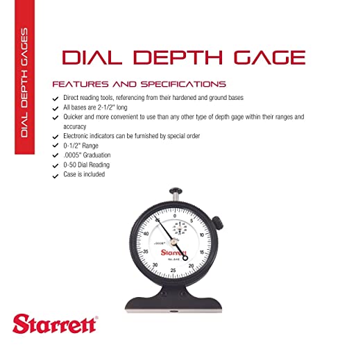 Starrett Dial Depth Gage For Quicker And More Convenient Direct Reading With Case - White Dial Face, 0-1/2" Range, 0-50 Dial Reading, .0005" Graduations - 640Jz #TOP1