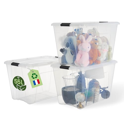 Iris Ohyama, Kunststoff-Aufbewahrungsbox mit Deckel, 55L, 3er Pack, Transparent, 98% recycelter Kunststoff, Verschlussclips, Griff, Stapelbar, pürs Schlafzimmer, Büro, BPA-frei, BSB-55