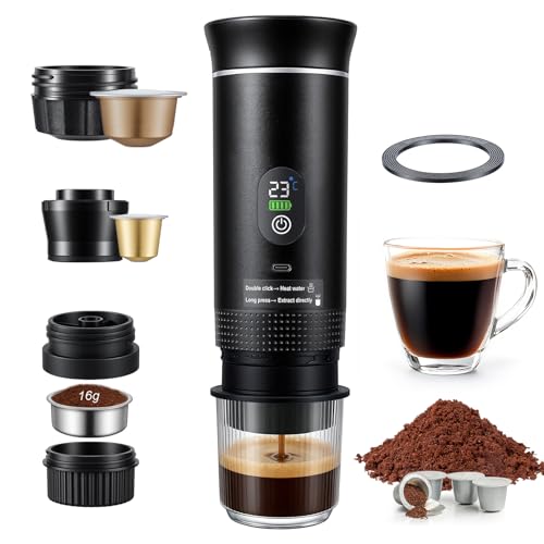 Yaskyly Cafetera Portátil 20 Bar, 3 en 1 Maquina de Cafe Portatil Recargable Compatible con Cápsulas Pequeñas/Grandes y Café Molido, Cafetera Eléctrica para Viajes, Acampada, Oficina y Hogar