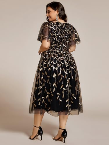Image of Ever-Pretty Womens Embroidered Tulle Plus Size Cocktail Evening Party Dress A-Line Midi Wedding Guest Dresses for Curvy Women