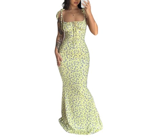Image of Women Floral Printed Spaghetti Strap Maxi Dress Long Dress Backless Tie Shoulder Mermaid Dress