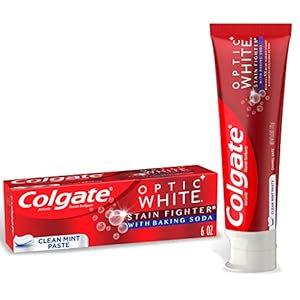 Colgate Optic White Stain Fighter with Baking Soda Whitening Toothpaste, Clean Mint Flavor, Removes Surface Stains, Enamel-Safe for Daily Use, Teeth Whitening Toothpaste with Fluoride, 6 Oz Tube