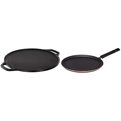 Amazon Brand - Solimo Pre-Seasoned Cast Iron Dosa Tawa, 12 Inches (30 cm) Non-Stick Tawa with 2-Way Non-Stick Coating, 26cm (Induction and Gas Stove Compatible)