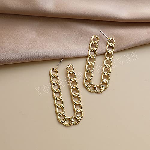 Image of Young & Forever Gift Stainless Steel Gold Plated Curb Chain Hoop Earrings for Women Big Hoop Dangle Earring for Women U Shaped Earrings Thin Geometric Hoop Earrings