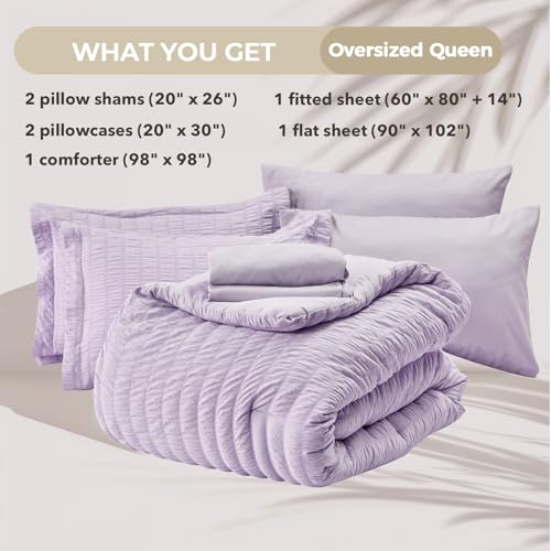 Image of HYMOKEGE Lavender Oversized Queen Comforter Set Seersucker 7 Pieces, All Season Luxury Bed in a Bag for Bedroom, Bedding Set with Comforter, Sheets, Pillowcases & Shams