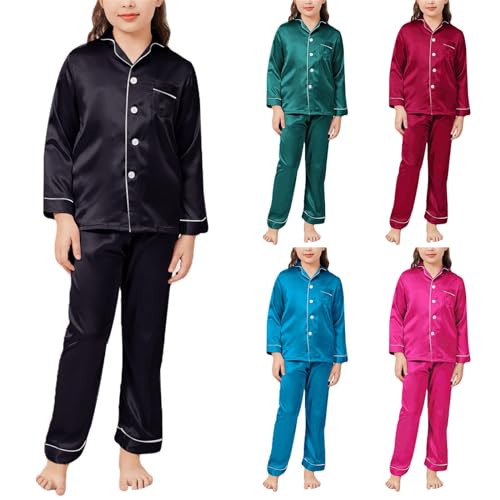 Girls Boys Silk 𝐏𝐣𝐬 Kids Button Down 𝐏ajamas Long Sleeve Lapel 2 Piece Plain Satin Outfits Matching 𝐒leepwear