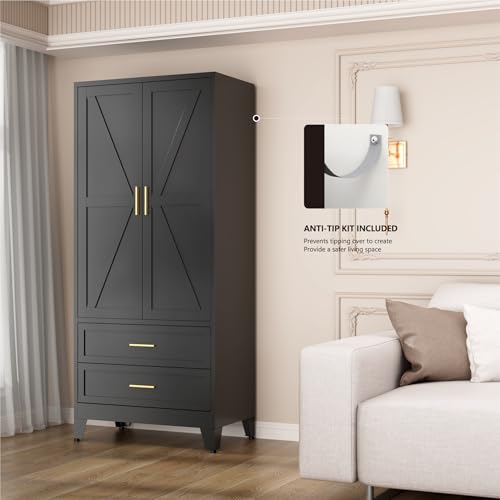 Image of Black Metal Wardrobe Closet, Armoire Wardrobe with Two Drawers Clothes Cabinet for Bedroom, 71 inch Tall Farmhouse Steel Armoire Closet with Drawers and 2 Doors Clothing Storage Cabinet with Hanging Rod