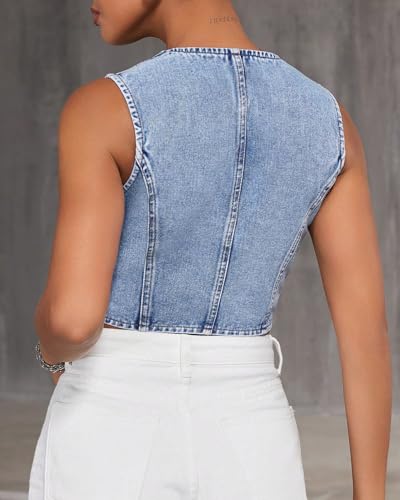 Women's V Neck Asymmetrical Hem Sleeveless Button Front Crop Denim Vest2