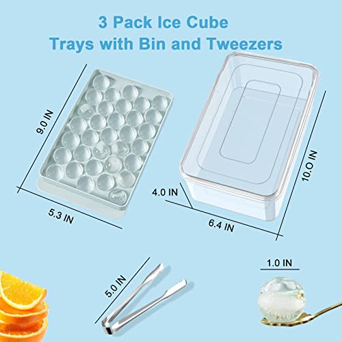 Miaowoof Mini Ice Cube Tray Balls,Round Ice Ball Maker Mold For Freezer,Sphere Ice Cube Tray Making 1In X 99Pcs Ice Chilling Cocktail Whiskey Tea Coffee(3Pack Blue Ice Trays & Ice Bin & Ice Tong) #TOP3