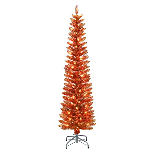 Puleo International 6 ft Pre-Lit Orange Tinsel...