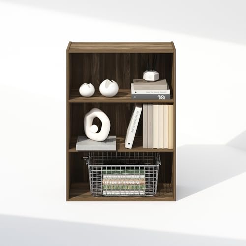 Image of Furinno Simple Book Shelf, 3-Tier Bookshelf, Storage Shelves Bookcase, 9.7 x 23.7 x 31.5, for Living Room, Bedroom, Home Office, Columbia Walnut