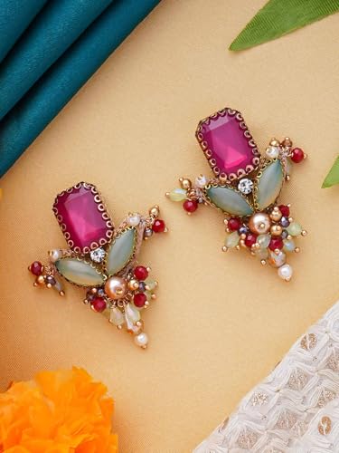 Image of SANJOYA Gold Plated Traditional Embroidered Jewellery for Women & Girls | Stone Studded Wedding, Festive, Mehendi, Sangeet Collection | Necklace, Earrings, Maang Tikka, Bracelet & Ring