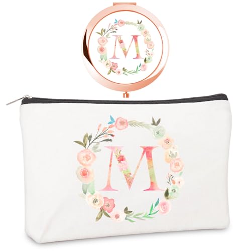 Personalized Gift Initial Compact Mirror Makeup Bag Set (M +Bag, ROSE GOLD)