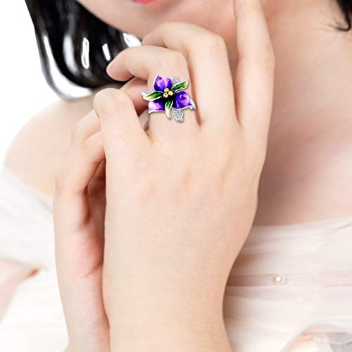 Uloveido Fashion Violet Flower Rings for Women Anniversary Birthday Purple Crystal Flower Statement Rings for Female RA6013