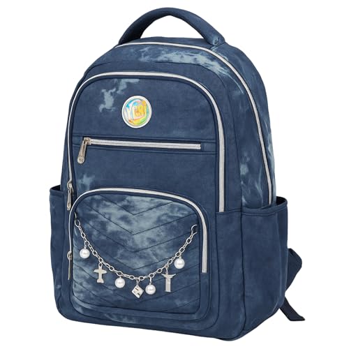 Mochila Juvenil Feminina 18” Azul com Pingentes e Pérolas – 4 Compartimentos, Poliéster Premium, Escolar e Passeio