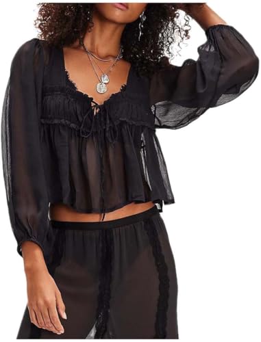 Womens Flowy Bow Front Tie Top Long Sleeve Peplum Lace Trim