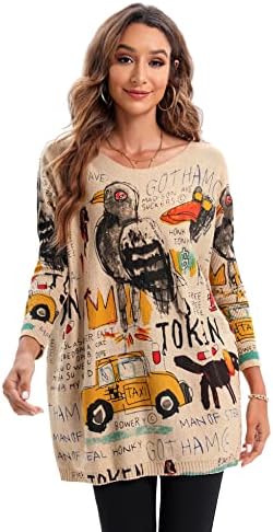 ellazhu Women's Casual Long Sleeve Loose Artsy Graphic Newspaper Pullover Sweaters DH07 Khaki