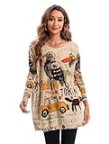 ellazhu Women's Casual Long Sleeve Loose Artsy Graphic Newspaper Pullover Sweaters DH07 Khaki