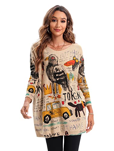 Ellazhu Women's Casual Long Sleeve Loose Artsy Graphic Newspaper Pullover Sweaters Dh07 Khaki #TOP25