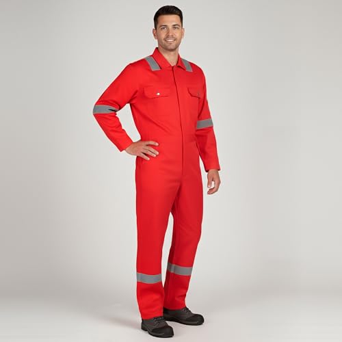 Image of Men's 100% Cotton Pyrovatex Fire Retardant Industrial Coveralls (Boiler Suit) with Reflective Tape 240 GSM. Color RED, Size L - 40
