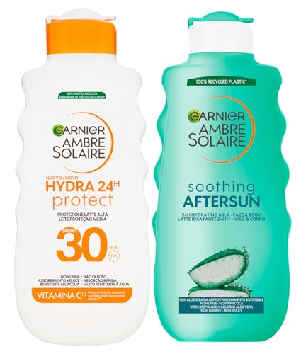 Garnier Ambre Solaire Hydra 24H Protect Protezione Solare Alta SPF 30 Raggi UVB e UVA Idratante 175ml + Garnier Ambre Solaire Soothing Aftersun Latte Doposole Idratante Viso Corpo 175ml - Set da 2