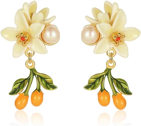 Orange Blossom Flower Kumquat Pearl Enamel Dangle Earrings Handmade Jewelry Gift