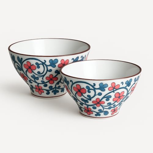 Image of YELONA Japanese Style Ceramic Bowls - 4.8 Inch (300ml), Set of 2 - Floral Design Rice /Noodle Bowls - Microwave & Dishwasher Safe, Ideal for Gifting Choice