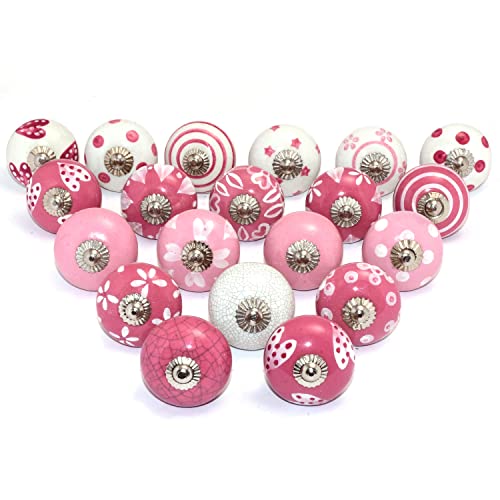 Eleet Assorted Ceramic Cabinet Knobs - Vintage Cabinet Cupboard Door & Drawer Pulls Chrome Hardware (Ceramic Knobs Set of 20, Dark Pink & White)