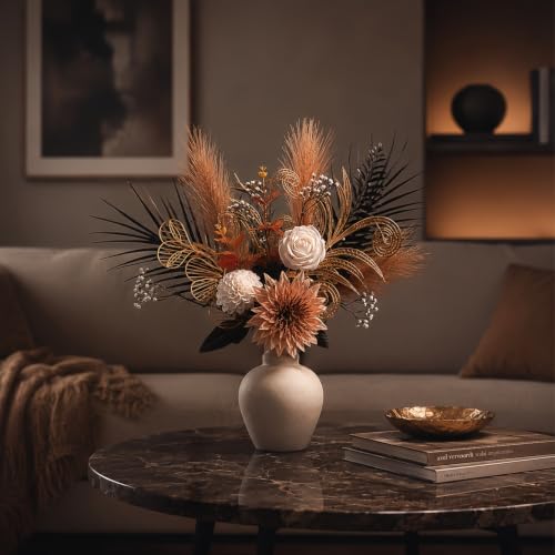 Image of Black Gold artificial flower bouquet,15pcs Fall Home Decor Floral Art | Silk Flowers, Include Palm Leaves,Pampas,Rose,for Living Room,Vase Center Filling,Office, Festival Decor (Vase Not Included)