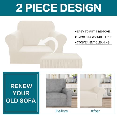 Turquoize 2 Piece Chair Covers Armchair Slipcovers for Living Room Small Armchair Chair Cover with Arms Washable Furniture Cover for Chairs Feature Thick Jacquard Fabric (Small Armchair, Cream)
