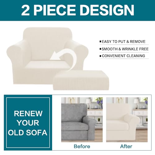 Turquoize 2 Piece Chair Covers Armchair Slipcovers for Living Room Small Armchair Chair Cover with Arms Washable Furniture Cover for Chairs Feature Thick Jacquard Fabric (Small Armchair, Cream)