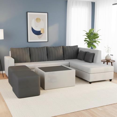 Image of CASASTYLE Stylano 8 Seater Fabric RHS L Shape Sofa Set with 1 Centre Table & 2 Ottoman (Dark Grey-Light Grey) 8-Person Seating with Premium Velvet Finish