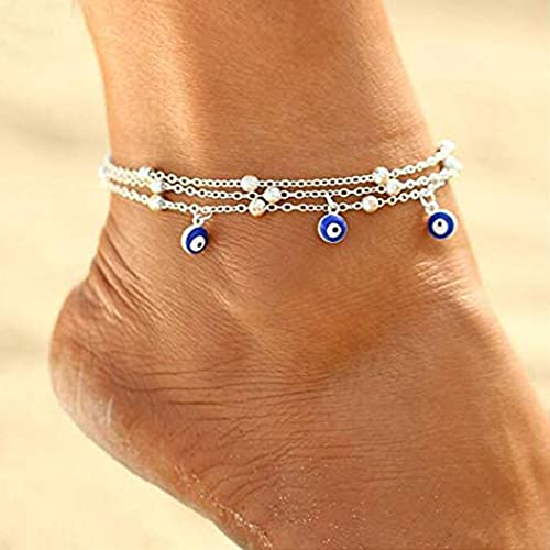 Handcess Larered - Tobillera de plata con colgante de ojo para tobillo y cuentas, para mujeres y niñas Cover