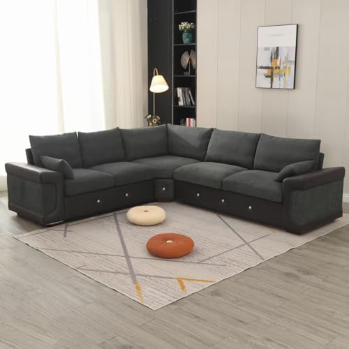 Panana Corner Sofa L shaped Couch Sectional Settee Huge Armrest- 3 Seater + 2 Seater- Built-in USB Port Chaise (Dark Gray, 6 Seater Corner L shaped Sofa)