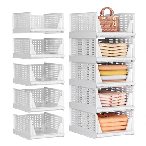 SNSLXH Kleiderschrank Organizer, Faltbare Kunststoff Aufbewahrungsbox mit Schubladen-Design, Stapelbarer Schrank Organizer für Bad Küche Schlafzimmer, Weiß, 5er Pack