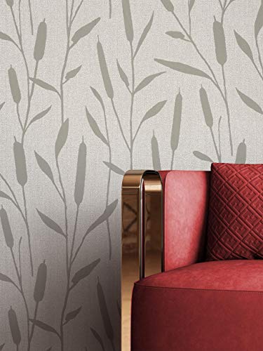 Tapete Grau Vliestapete Glänzend - Glanztapete Floral Taupe Schilf Pflanzen Schilfrohr Grafisch Gräser - Grau - Newroom