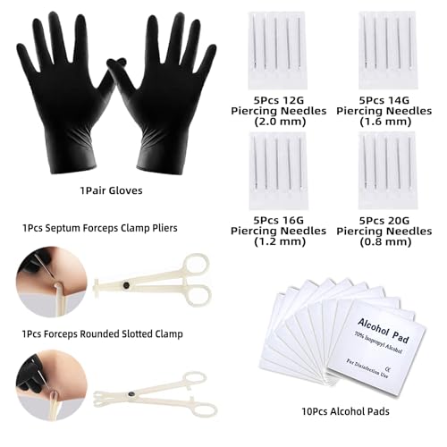TKKUY 110Pcs Piercing Kit for all Body Piercings with Piercing Tools for Eyebrow Nose Ear Septum Belly Button Lip Tongue Cartilage and More with 12G 14G 16G 20G Piercing Needles