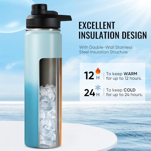 Image of Fijinhom Insulated Water Bottle with Handle, 304 Stainless Steel Water Bottles with Wide Mouth, Double Wall Vacuum Sports Water Bottle, BPA Free, Keep Cold and Hot, 24 Ounces, Coastal Fade