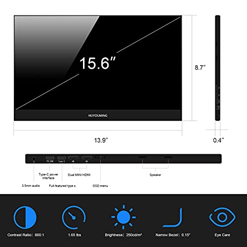 Huyouming Portable Monitor - 15.6" 1080P Fhd Usb-C Laptop Monitor Ips Hdmi Gaming Monitor - Narrow Bezel Travel Monitor With Smart Cover, Slim Computer Display External Monitor For Laptop Phone #TOP5