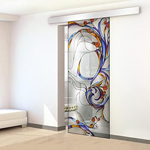 Stained Glass Sliding Door for Interior Hand-Painted Model SI Purple 95x215 cm 8 mm Clear Glass Cover