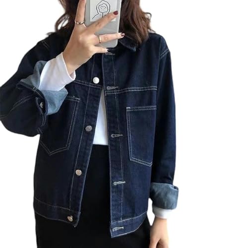 Dark Blue Denim Jacket for Women with Visible Stitching, All-Match Jacket Tops - Blue - M
