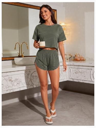 Image of OYOANGLE Womens Pajama Sets 2 Piece Sexy Lounge Sets Summer Cute Pjs Striped Print Tee and Side Split Shorts Set