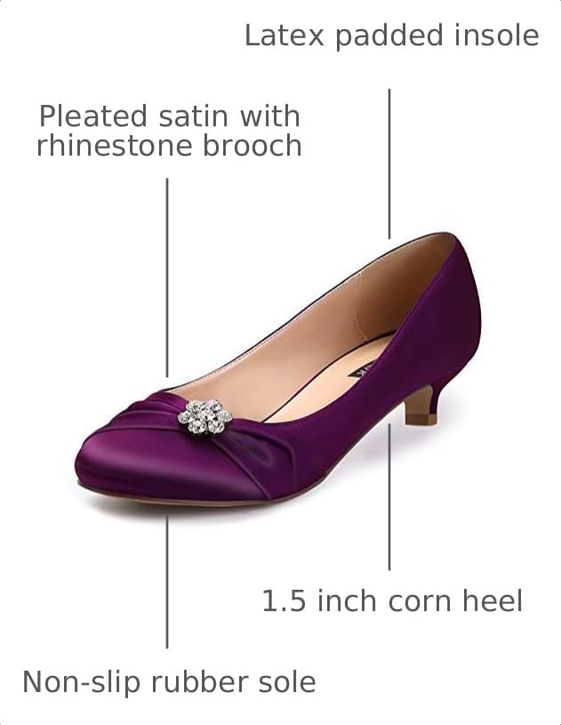 Image of ERIJUNOR Women Closed Toe Comfort Kitten Heels Rhinestones Satin Wedding Evening Dress Shoes