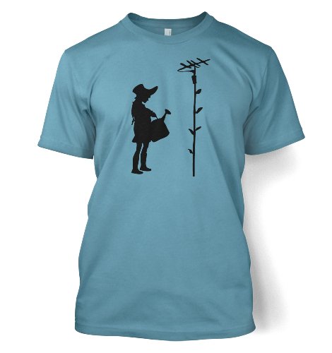 Girl Watering A TV Aerial Banksy Adult T-Shirt (XX-Large (50/52")/Stone Blue)
