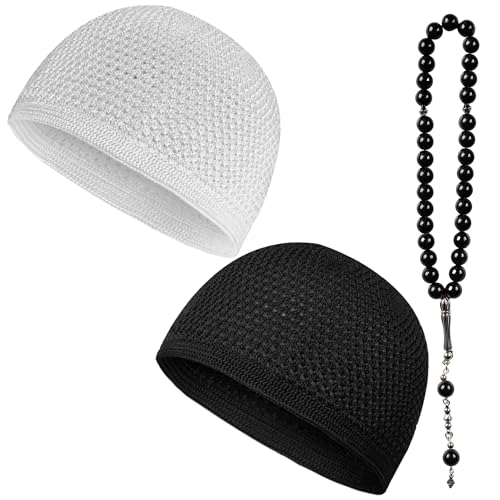 ONART HOME Kufi Hats for Men Crochet Taqiyah Breathable Stretch Skull Cap 2 Pack Black & White Islamic Prayer Caps with 33 Beads Tasbih Soft Cotton Beanie for Daily Salah & Worship